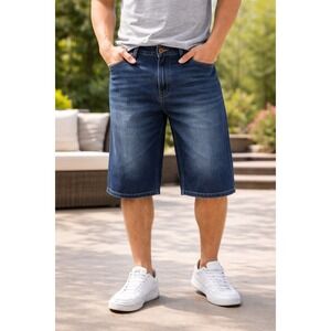 Brooklyn Xpress Denim Shorts Dark Wash Faded Embroidered Baggy Y2K Mens 32